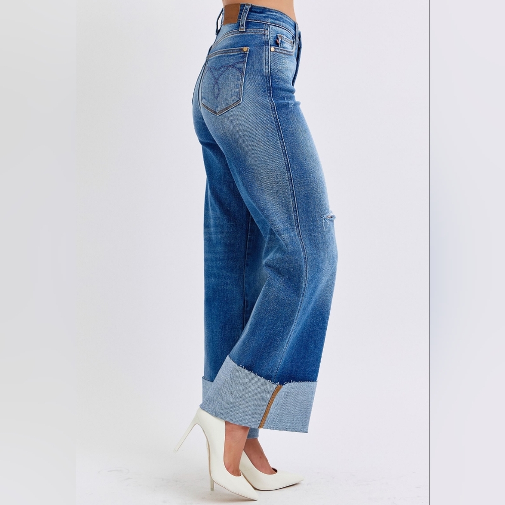 Judy Blue High-Rise Torn Boyfriend Jeans Ultra Wide Leg Cuff Raw Hem Denim Pants - Picture 14 of 16